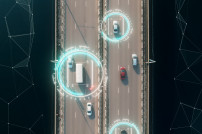 Fahrzeuge fahren auf Brücke mit Tracking-Symbol